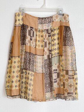 Silk Patchwork Pleated Yellow Skirt Womens 6P Andre Oliver Boho Cottagecore